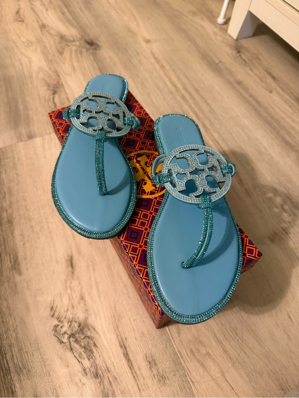 Tory Burch Aqua Blue Beaded Miller Thong Sandals